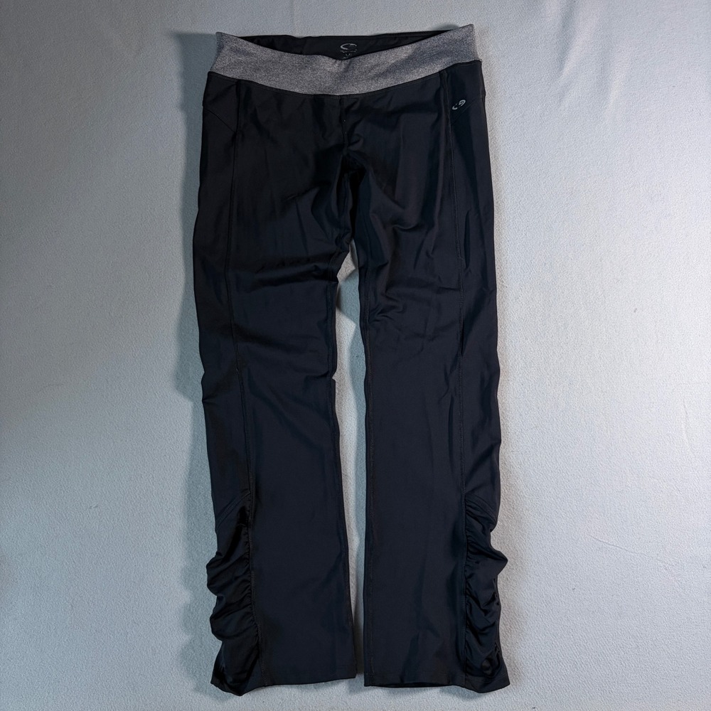 C9 Champion Womens Black Ruched Hem Yoga Pants Large Gray Waistband Activewear